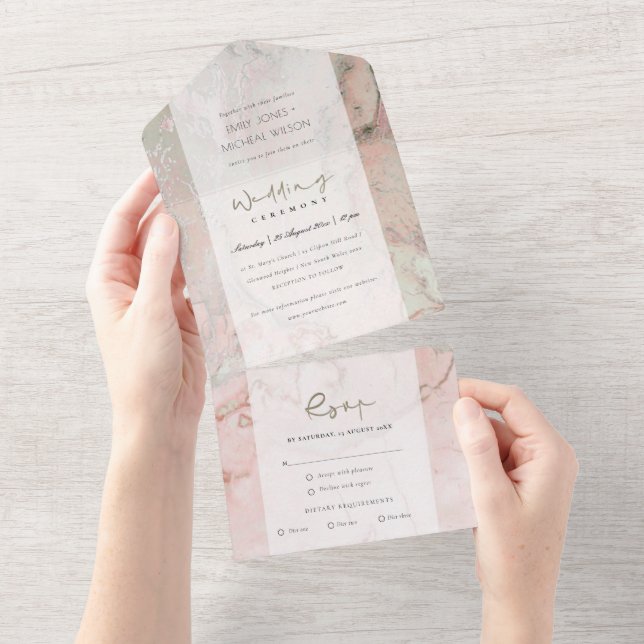 MODERN DUSKY BLUSH PINK ROSE GOLD AGATE WEDDING  ALL IN ONE INVITATION (Tearaway)