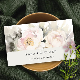 Modern Dusky Blush Watercolor Peony Floral Bunch Business Card
