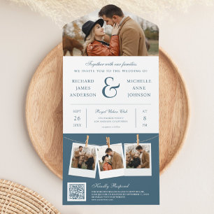 Modern Dusty Blue Ampersand Photo QR Code Wedding All In One Invitation