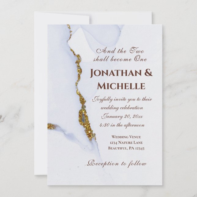 Modern Dusty Blue and Gold Christian Wedding Invitation (Front)