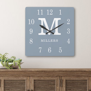 Modern Dusty Blue And White Family Name Monogram Square Wall Clock