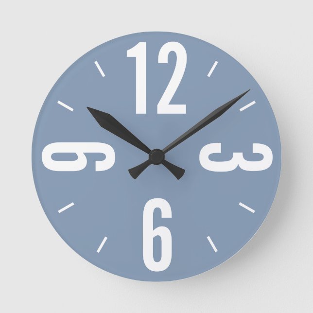 Modern dusty blue and white large numbers  round clock (Front)