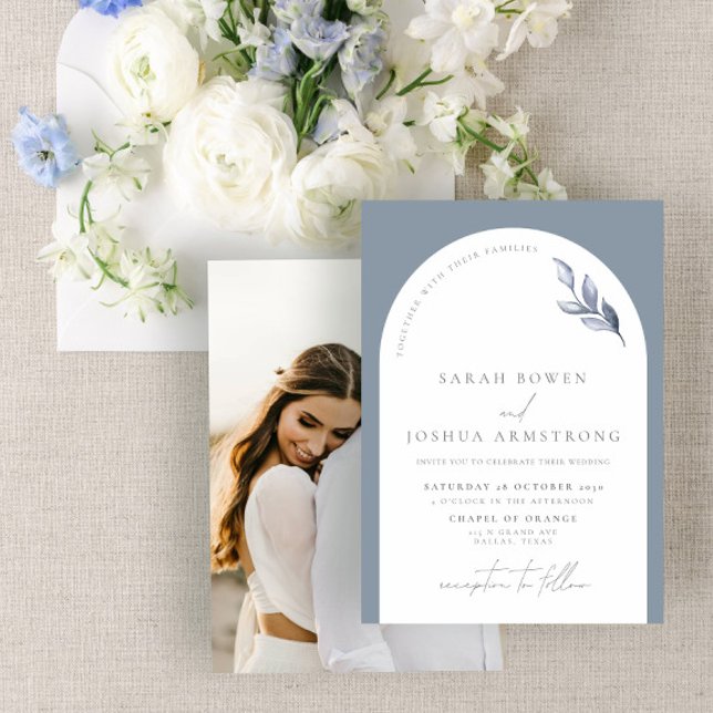 Modern Dusty Blue Arch Botanical Photo Wedding Inv Invitation (Creator Uploaded)
