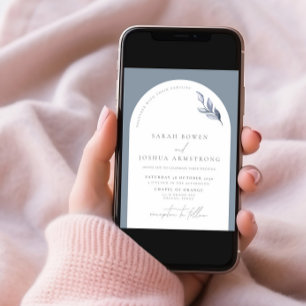 Modern Dusty Blue Arch Botanical Photo Wedding Inv Invitation