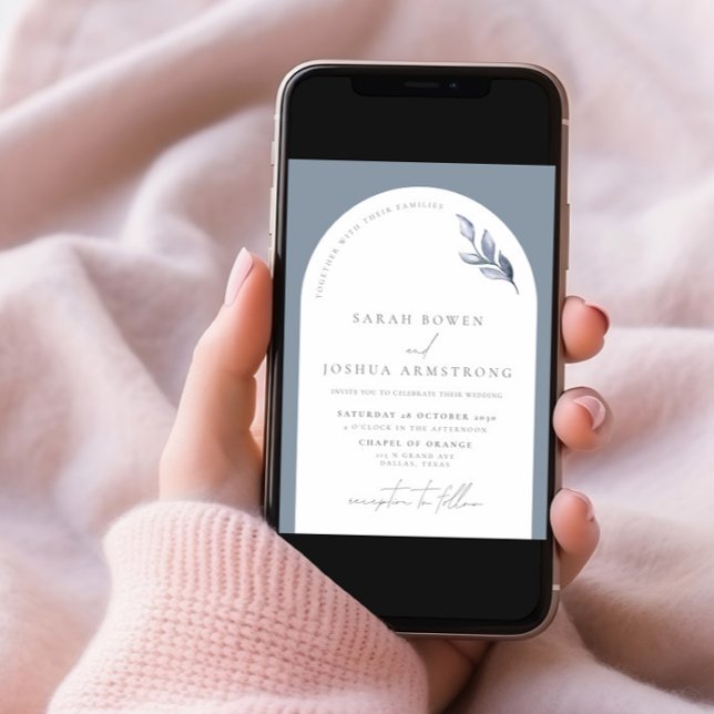 Modern Dusty Blue Arch Botanical Photo Wedding Inv Invitation (Creator Uploaded)