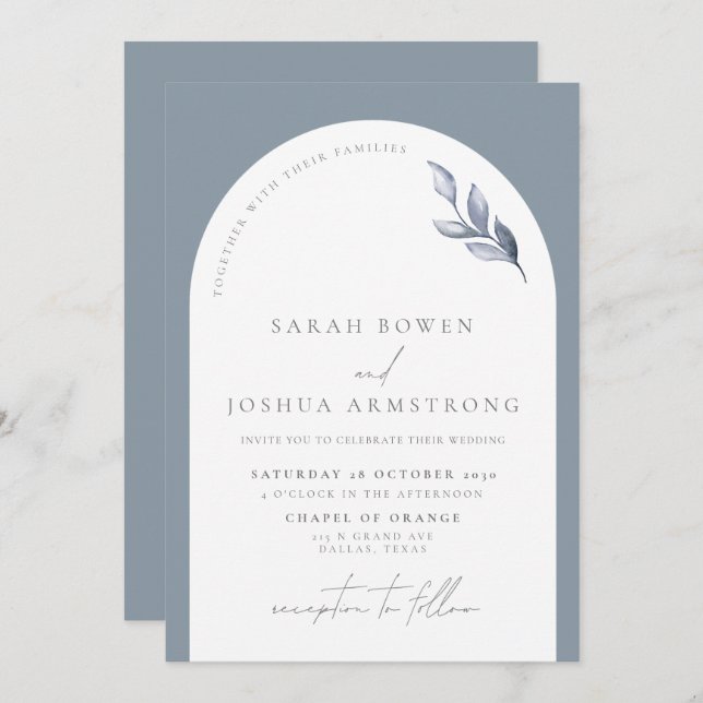 Modern Dusty Blue Arch Botanical Script Wedding Invitation (Front/Back)