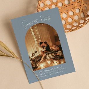 Modern Dusty Blue Arch Photo Boho Wedding Monogram Save The Date