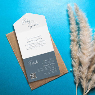 Modern Dusty Blue Baby Shower Minimalist  All In One Invitation