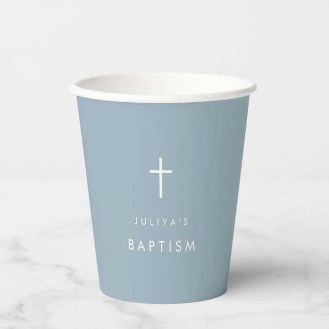 Modern dusty blue Baptism  Paper Cups (Front)