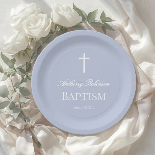 Modern Dusty Blue Baptism Paper Plate