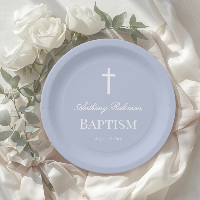 Modern Dusty Blue Baptism Paper Plate (Creator Uploaded)
