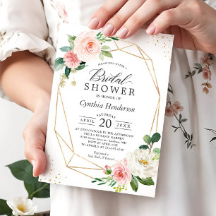 Modern Dusty Blue Blush Pink Floral Bridal Shower Invitation