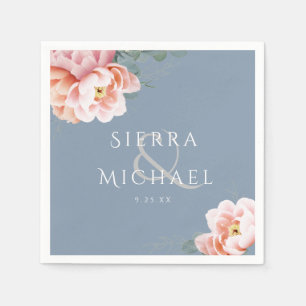 Modern Dusty Blue Blush Pink Floral Wedding Napkin