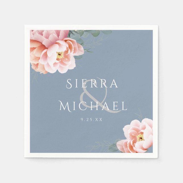 Modern Dusty Blue Blush Pink Floral Wedding Napkin (Front)