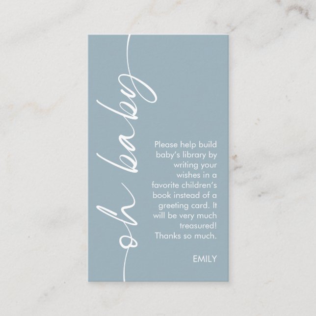 Modern Dusty Blue Books for Oh Baby Shower Enclosure Card (Front)