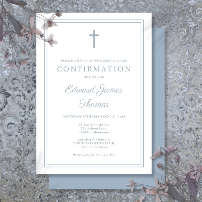 Modern Dusty Blue Border Confirmation Invitation (Modern Dusty Blue Border Confirmation Invitation)