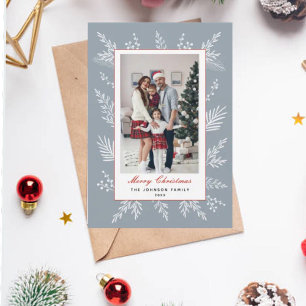 Modern Dusty Blue botanical frame Christmas Holiday Card