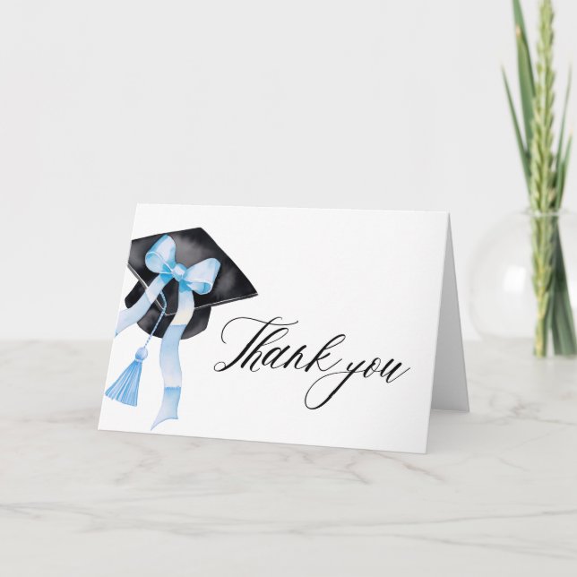 Modern Dusty Blue Bow Coquette Graduation Cap Thank You Card (Front)