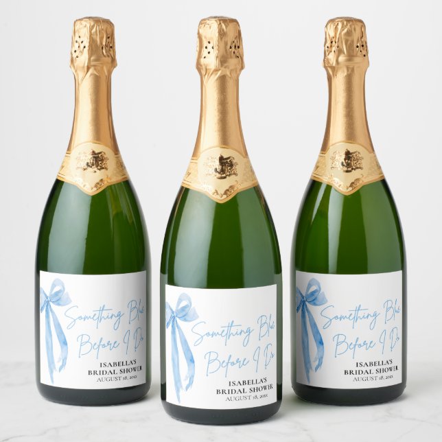 Modern Dusty Blue Bow Something Blue Bridal Shower Sparkling Wine Label (Bottles)