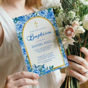 Modern Dusty Blue Boy Baptism Invitation