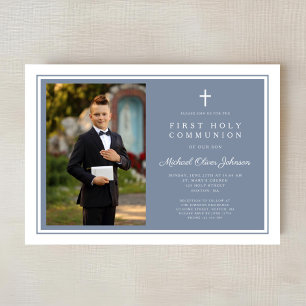 Modern Dusty Blue Boy Photo First Communion Invitation