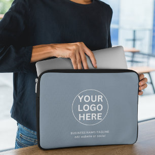 Modern Dusty Blue Business Logo & Text Promo Laptop Sleeve