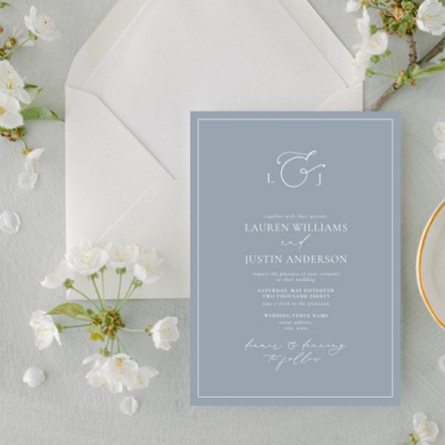 Modern Dusty Blue Calligraphy Monogram Wedding Inv Invitation (Creator Uploaded)