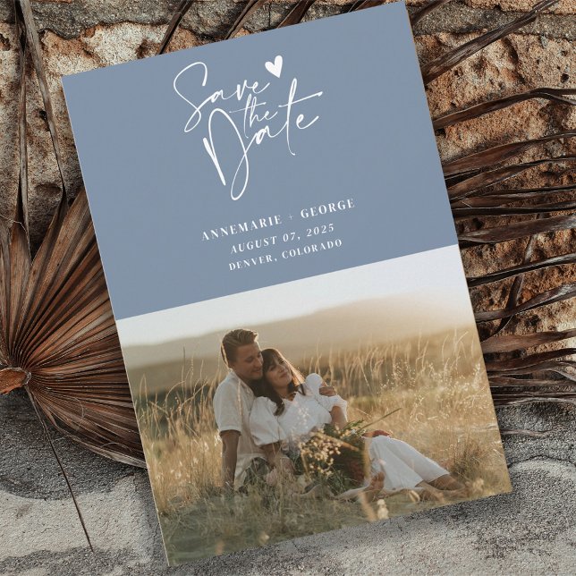 Modern Dusty Blue Calligraphy Script Photo Save The Date (Creator Uploaded)