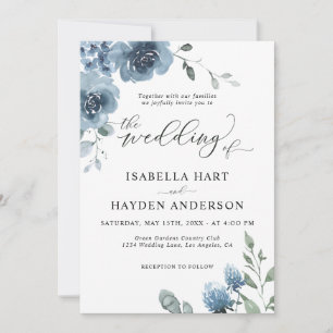 Modern Dusty Blue Chic Floral Gold Frame Wedding  Invitation