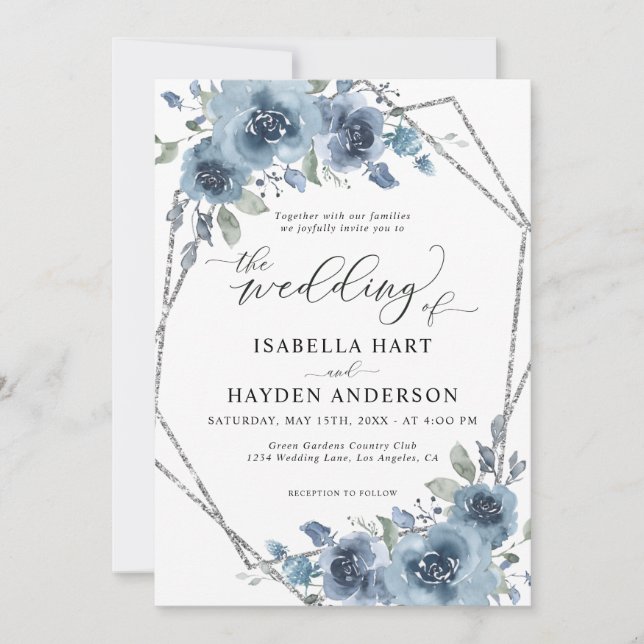 Modern Dusty Blue Chic Floral Silver Frame Wedding Invitation (Front)