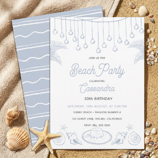 Modern Dusty Blue Coastal Beach Party Birthday Invitation