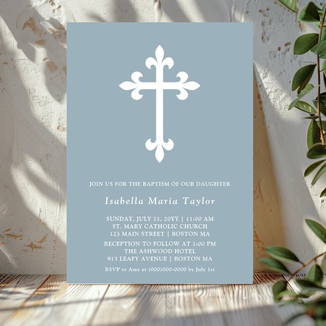 Modern Dusty Blue Cross Baptism Invitation (Creator Uploaded)