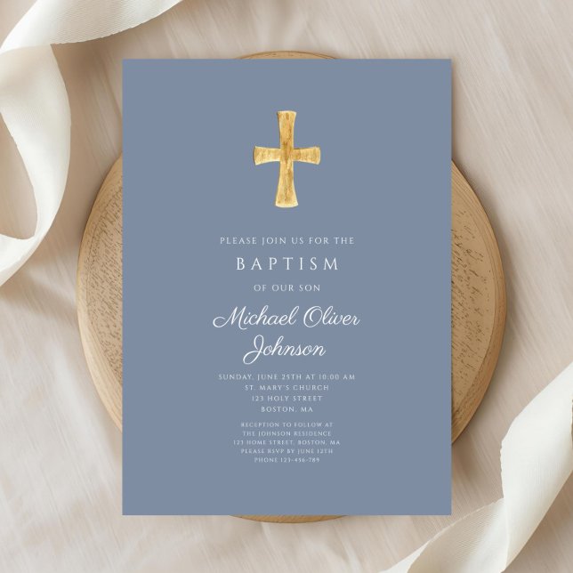 Modern Dusty Blue Cross Boy Baptism Invitation (Modern Dusty Blue Cross Boy Baptism Invitation)