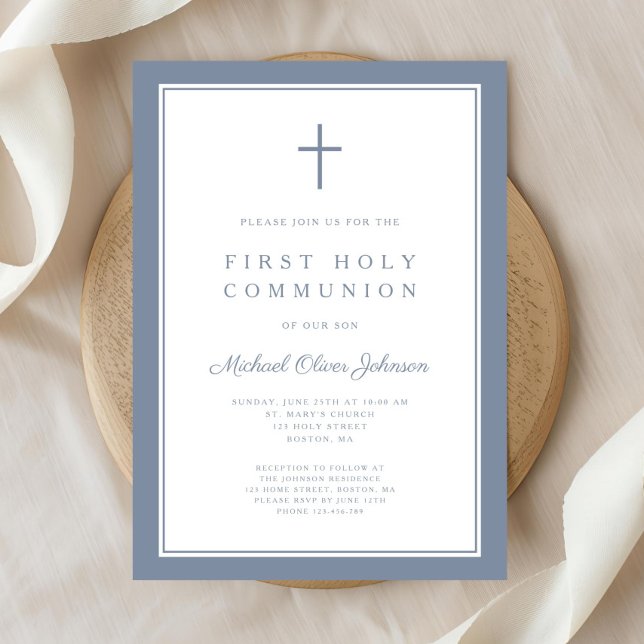 Modern Dusty Blue Cross Boy First Communion Invitation (Modern Dusty Blue Cross Boy First Communion Invitation)