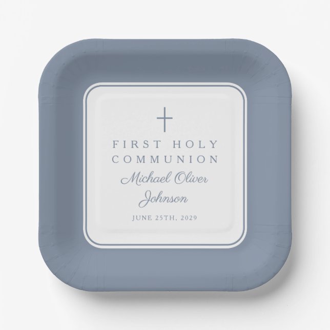 Modern Dusty Blue Cross Boy First Communion Paper Plate (Front)