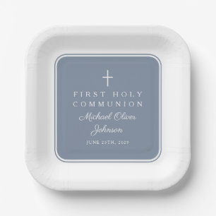 Modern Dusty Blue Cross Boy First Communion Paper Plate