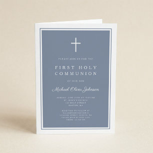 Modern Dusty Blue Cross Boy First Holy Communion Invitation