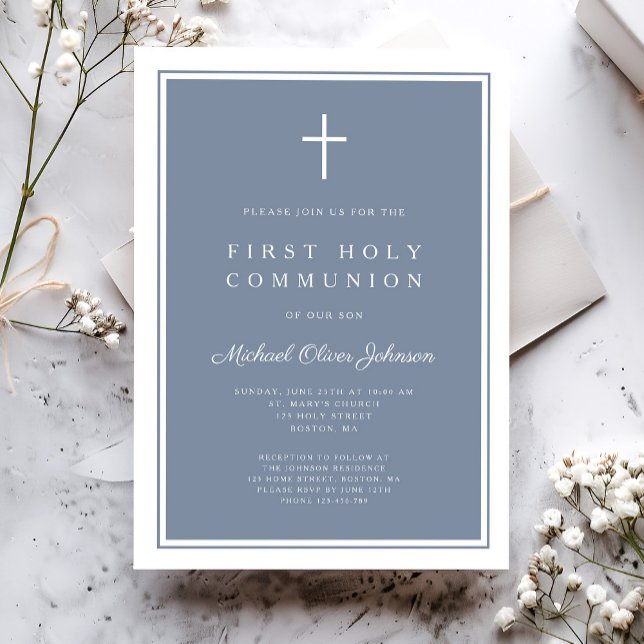 Modern Dusty Blue Cross Boy First Holy Communion Invitation (Modern Dusty Blue Cross Boy First Holy Communion Invitation)