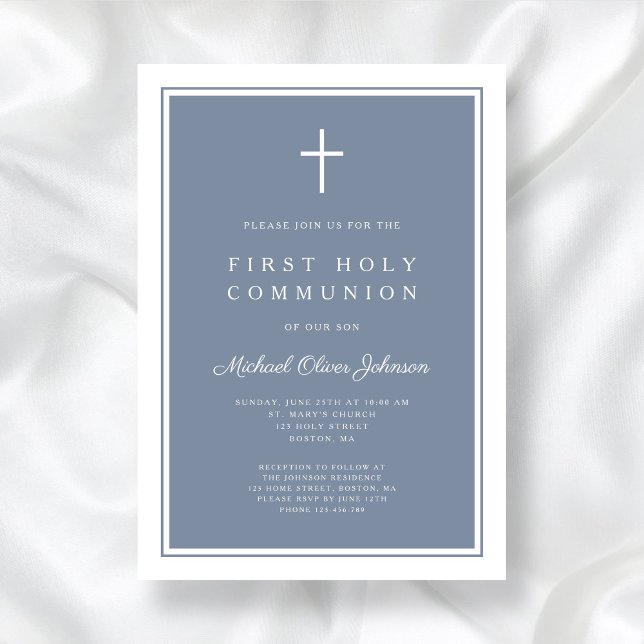 Modern Dusty Blue Cross Boy First Holy Communion Invitation (Modern Dusty Blue Cross Boy First Holy Communion Invitation)