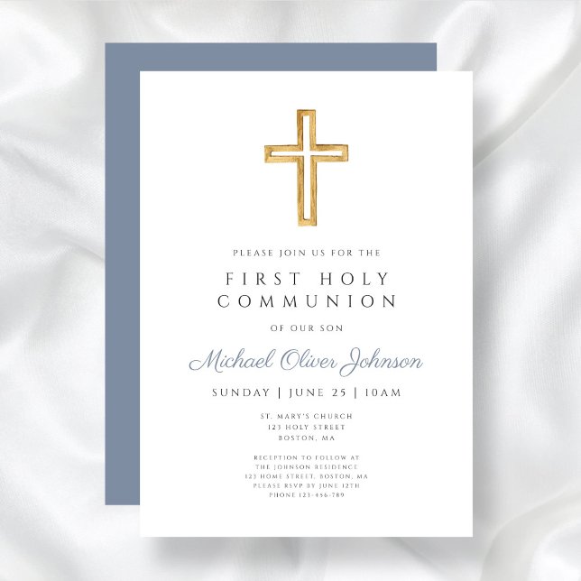 Modern Dusty Blue Cross Boy First Holy Communion Invitation (Modern Dusty Blue Cross Boy First Holy Communion Invitation)