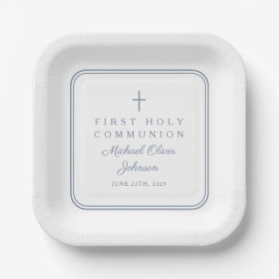 Modern Dusty Blue Cross Boy First Holy Communion Paper Plate