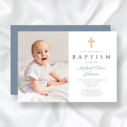 Modern Dusty Blue Cross Boy Photo Baptism Invitation