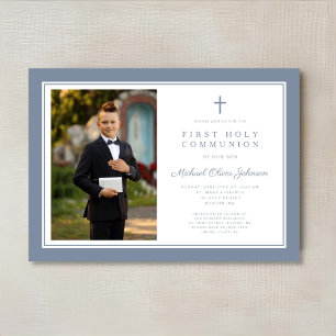 Modern Dusty Blue Cross Boy Photo First Communion Invitation