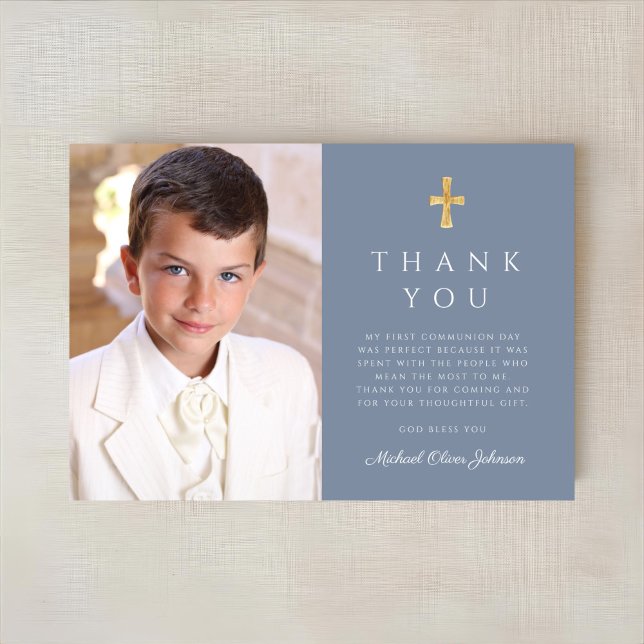 Modern Dusty Blue Cross Boy Photo First Communion Thank You Card (Modern Dusty Blue Cross Boy Photo First Communion Thank You Card)