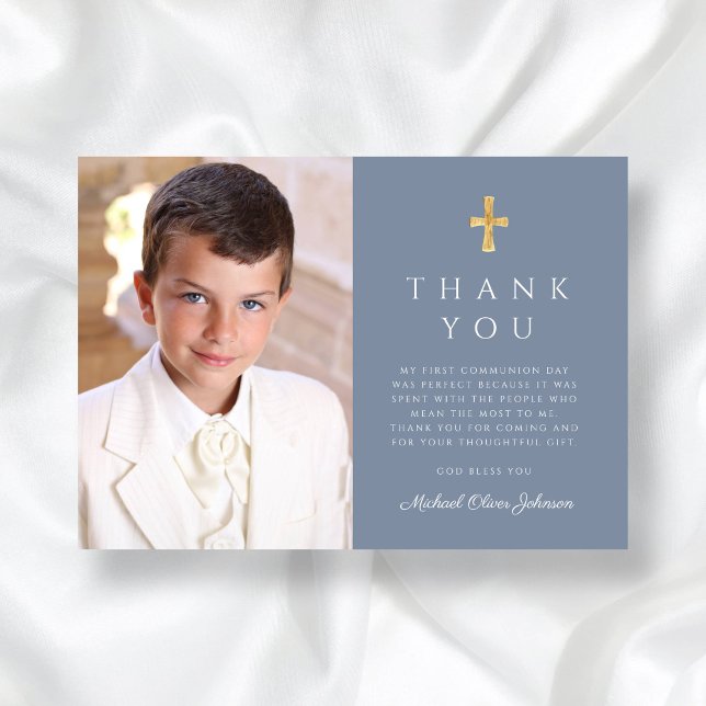 Modern Dusty Blue Cross Boy Photo First Communion Thank You Card (Modern Dusty Blue Cross Boy Photo First Communion Thank You Card)