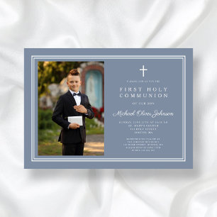 Modern Dusty Blue Cross Photo Boy First Communion Invitation