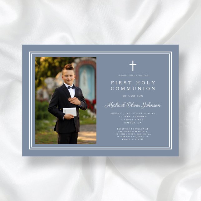 Modern Dusty Blue Cross Photo Boy First Communion Invitation (Modern Dusty Blue Cross Photo Boy First Communion Invitation)