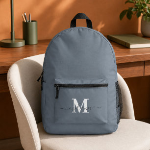 Modern Dusty Blue Custom Monogram Name Printed Backpack