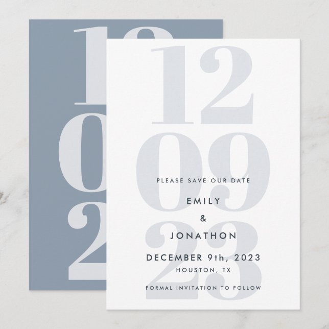 Modern Dusty Blue Date Typography Save The Date (Front/Back)