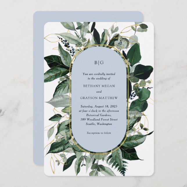 Modern Dusty Blue Elegant Botanical Garden Wedding Invitation (Front/Back)